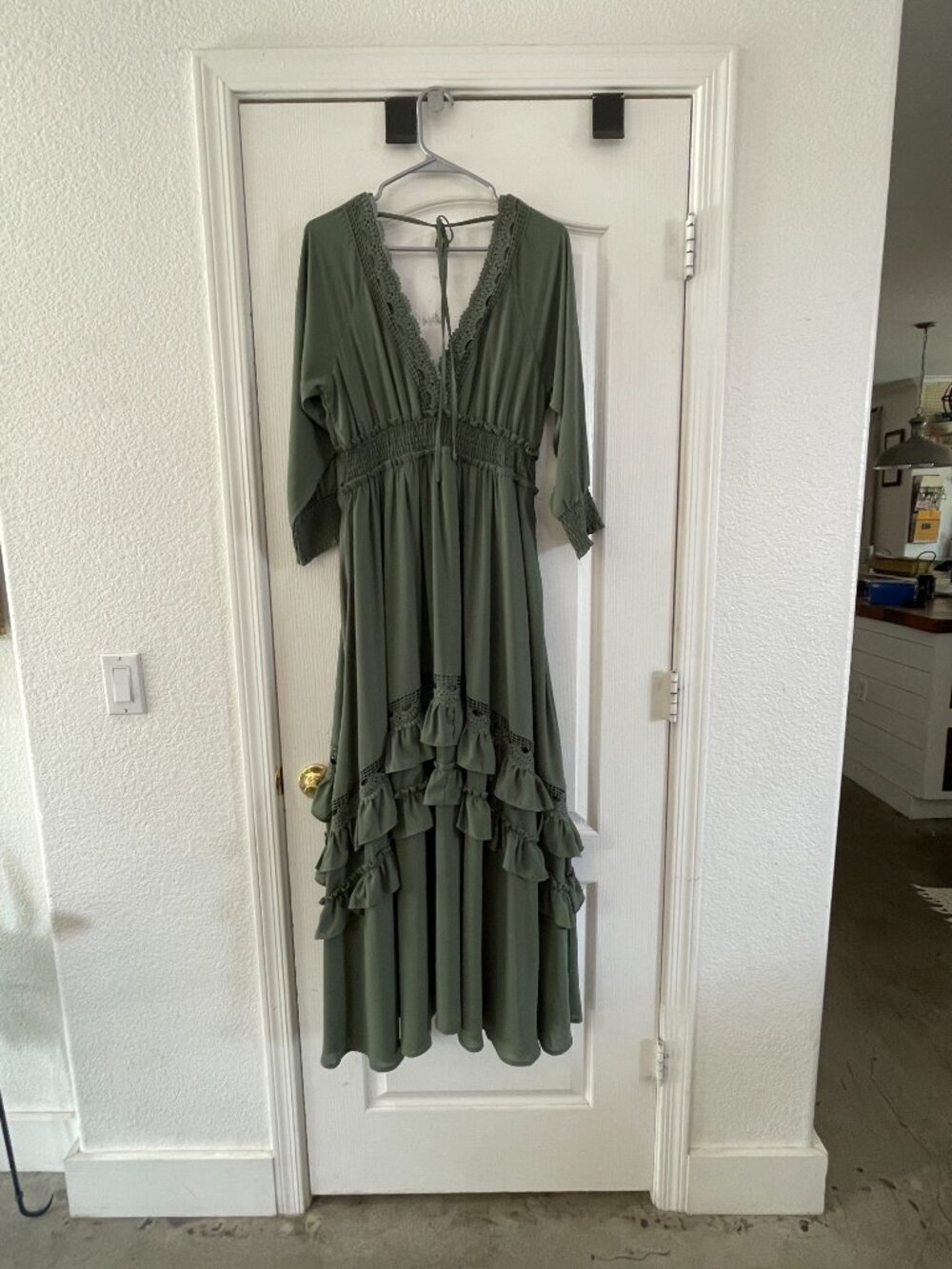Baltic Born Pippa Ruffle Sage Green Flowy Boho Maxi Dress, Lace Trim, Size L - Picture 5 of 8